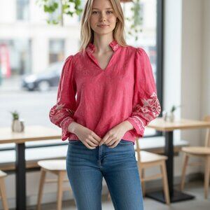 Emily Lovelock Top Embroidered Feminine XS Ruffle Floral Cotton Satin Tencel